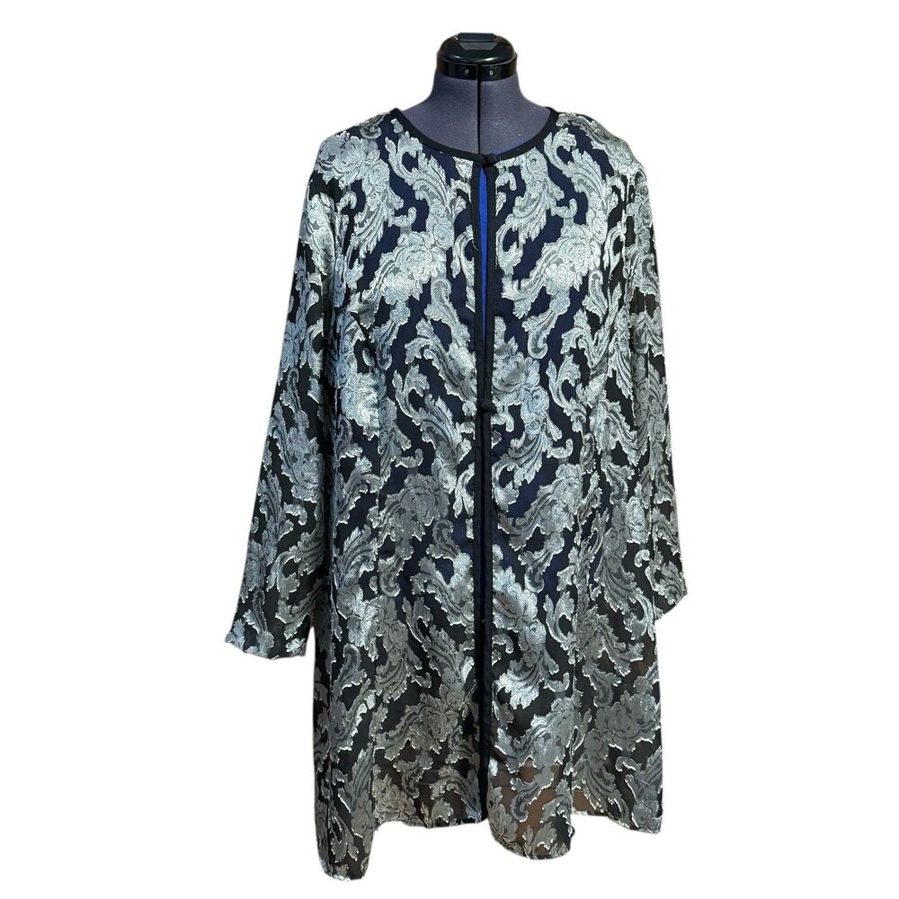 S.L. Fashions Womens VTG Elegant Sheer Cover-up Overcoat Black Brocade Size 20